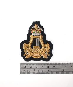 Alternative view of Musicians Lyre Badge with Kings Crown. Hand Embroidered, Gold on Black