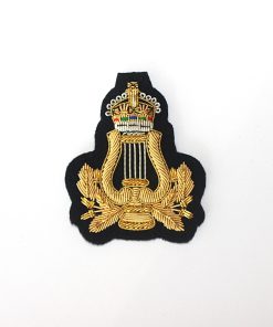 Musicians Lyre Badge with Kings Crown. Hand Embroidered, Gold on Black