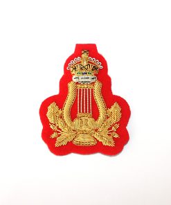 Musicians Lyre Badge with Kings Crown. Hand Embroidered, Gold on Red