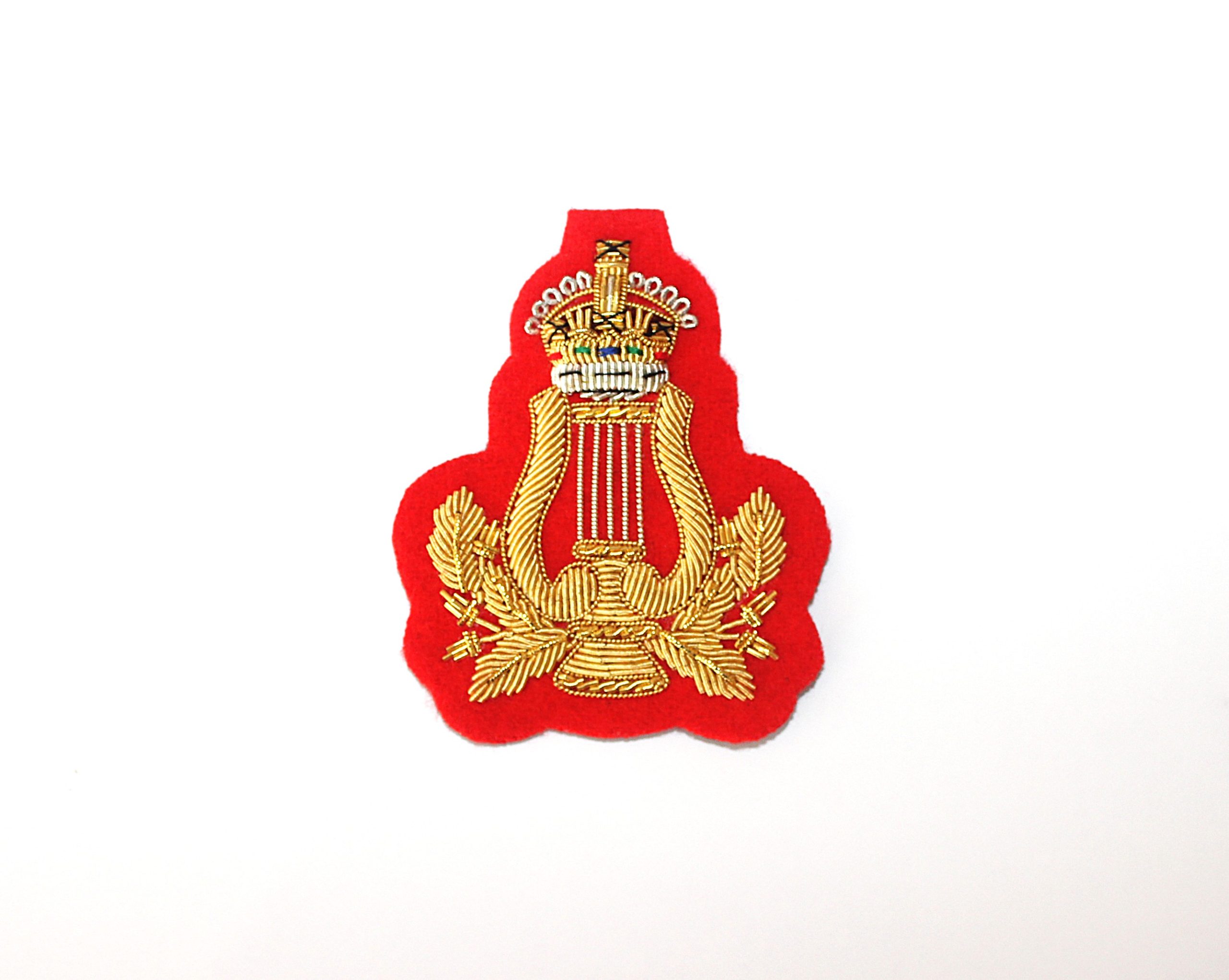 Musicians Lyre Badge with Kings Crown. Hand Embroidered, Gold on Red