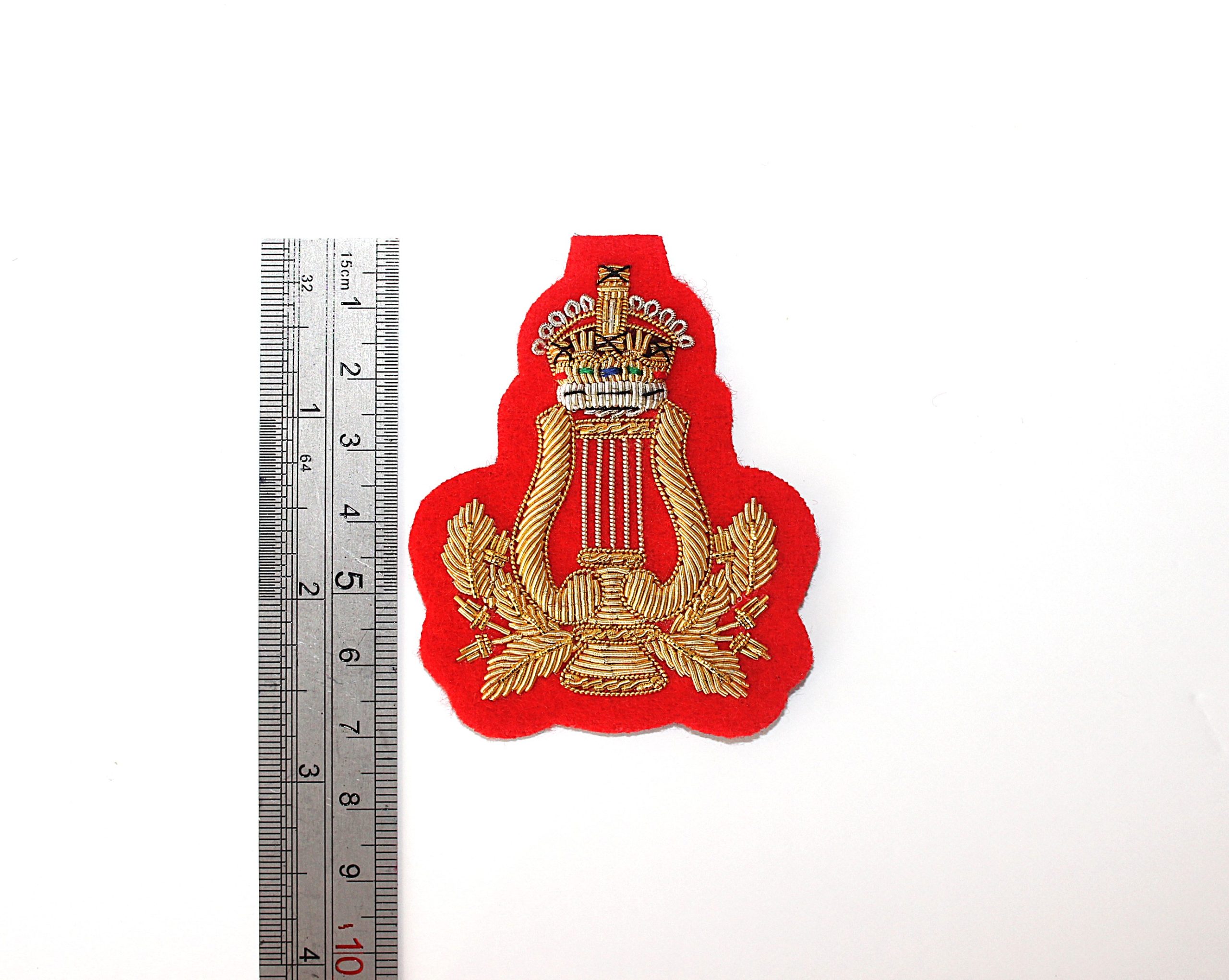 Musicians Lyre Badge with Kings Crown. Hand Embroidered, Gold on Red - Image 3