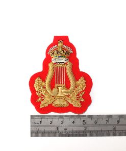 Alternative view of Musicians Lyre Badge with Kings Crown. Hand Embroidered, Gold on Red