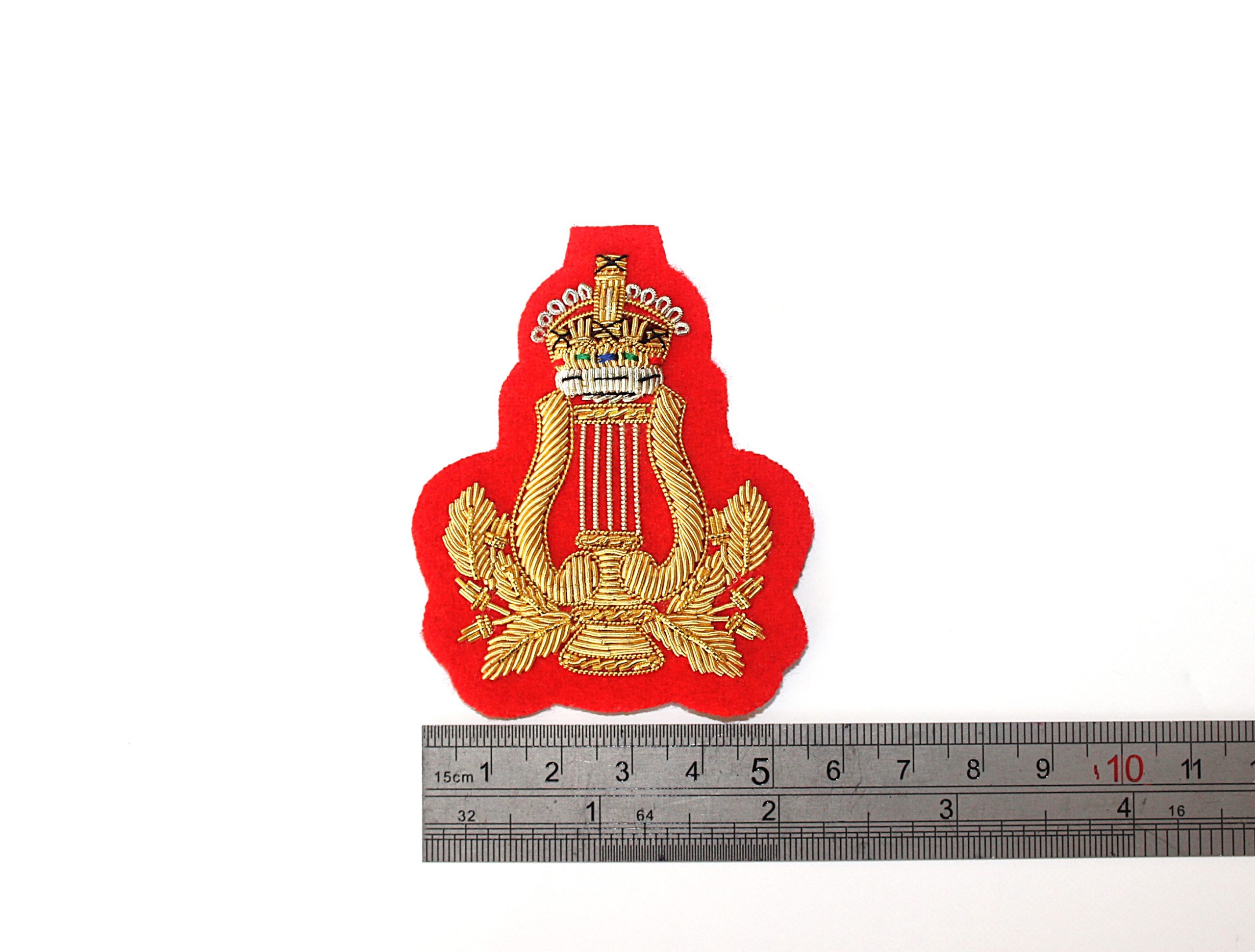 Musicians Lyre Badge with Kings Crown. Hand Embroidered, Gold on Red - Image 2