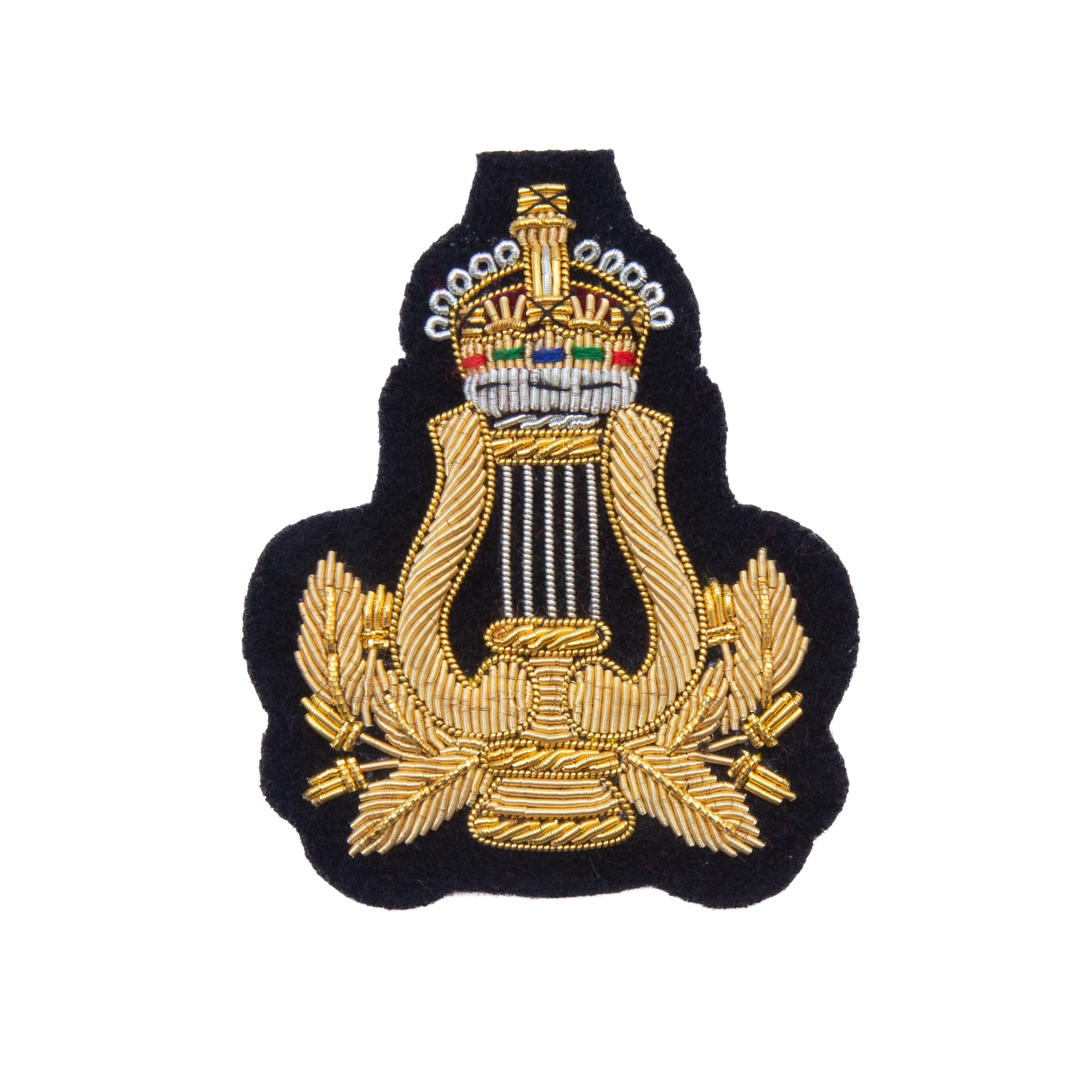 Musicians Lyre Badge with Kings Crown. Hand Embroidered, Gold on Black