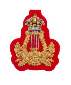 Musicians Lyre Badge with Kings Crown. Hand Embroidered, Gold on Red