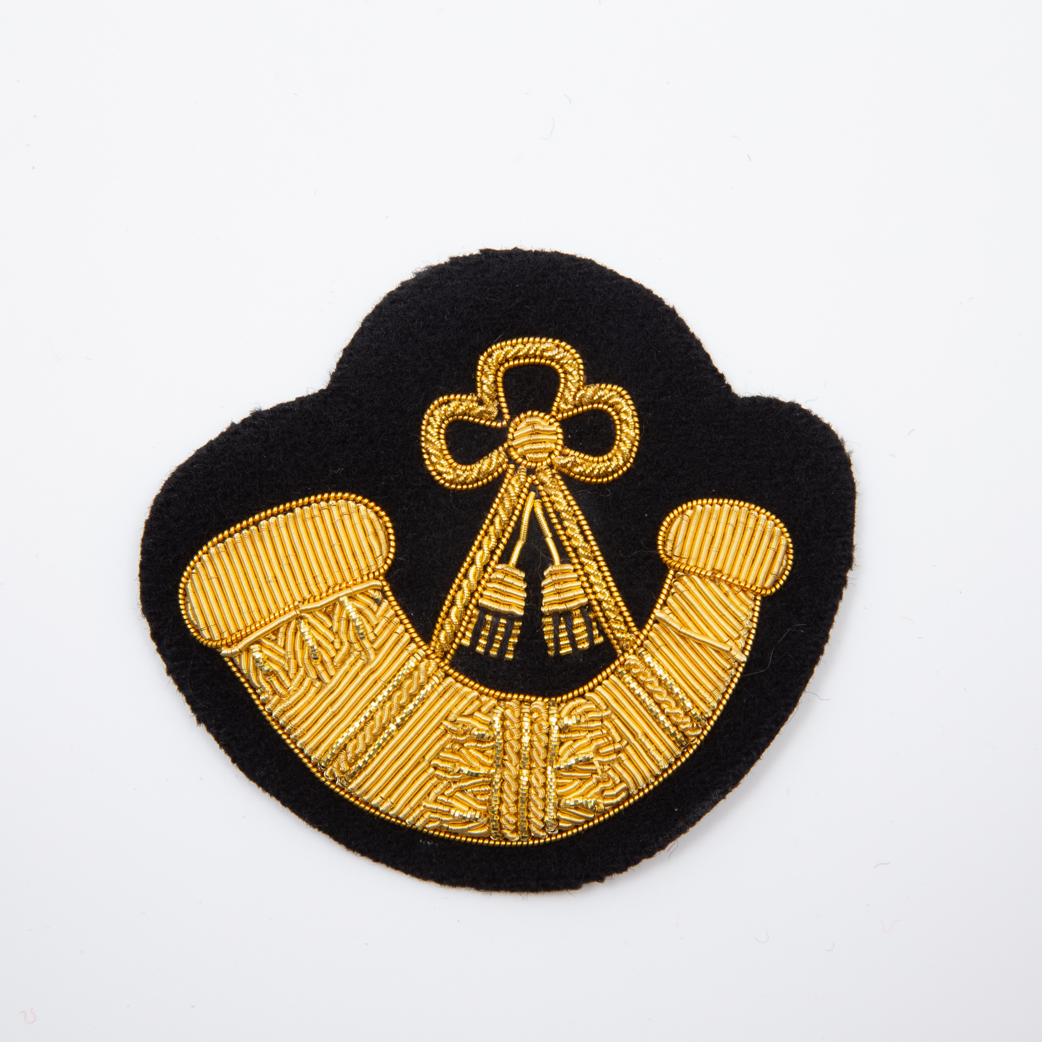 Large Hand Embroidered Gold on Black Bugle Badge