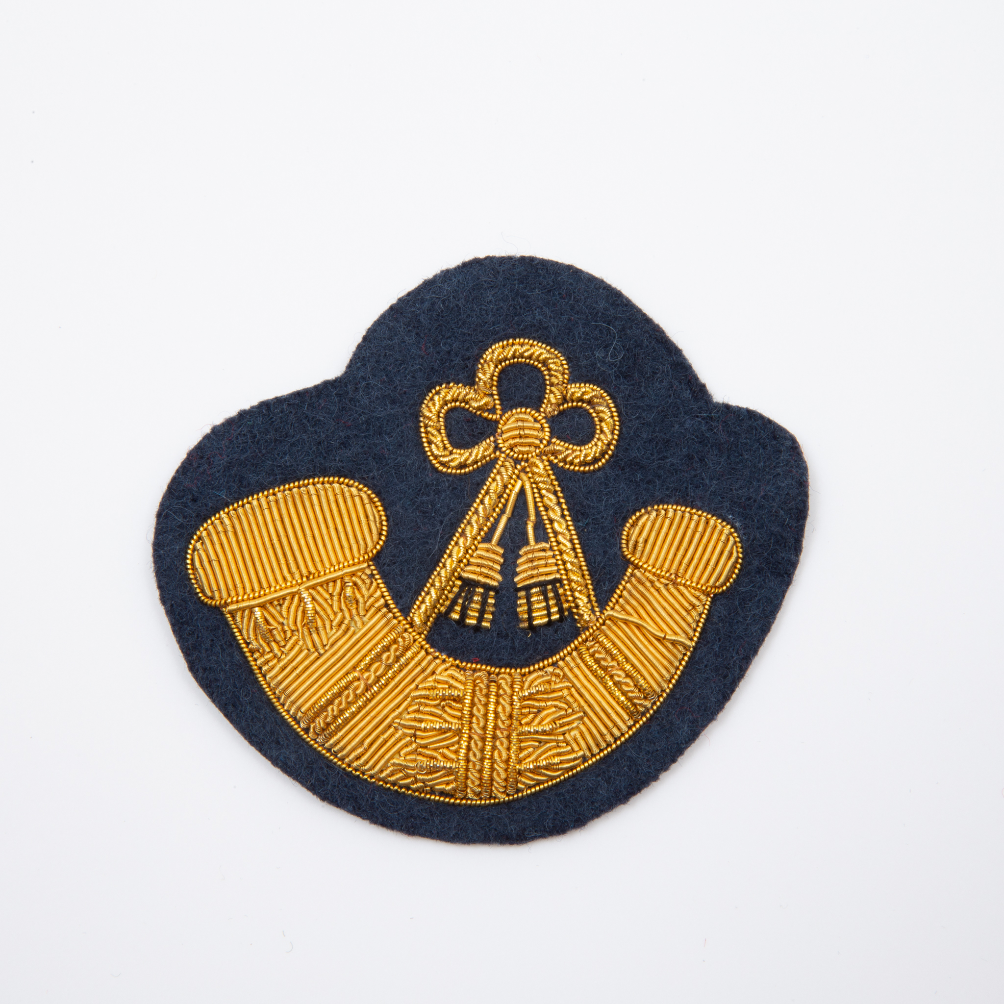 Large Hand Embroidered Gold on Blue Bugle Badge