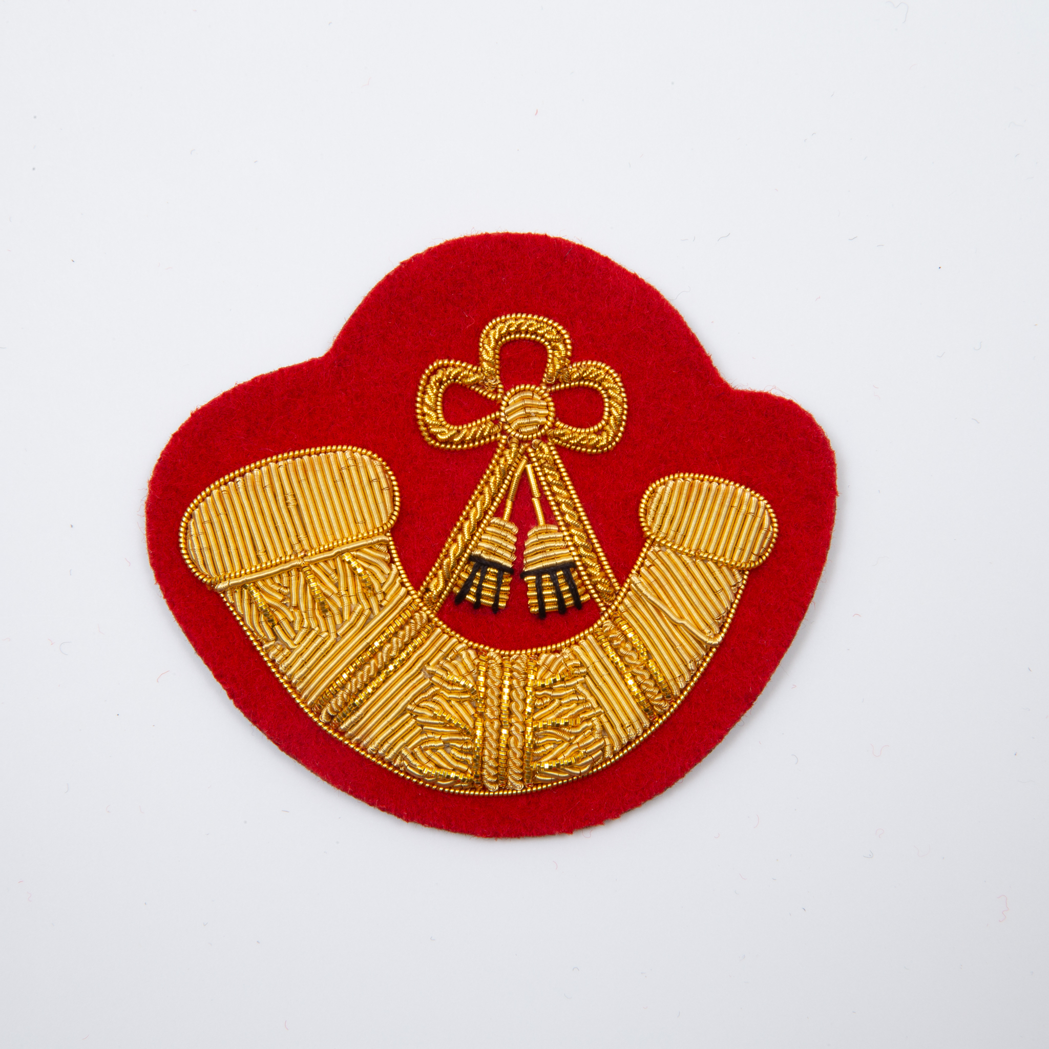 Large Hand Embroidered Gold on Red Bugle Badge