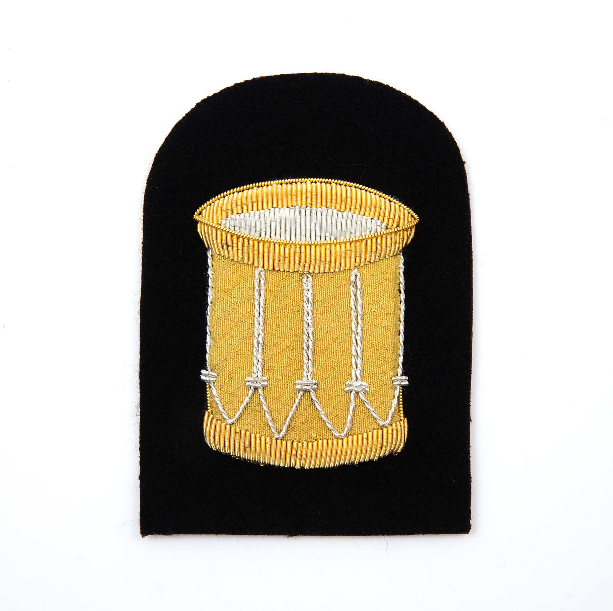 Large Hand Embroidered Gold on Black Drum Badge