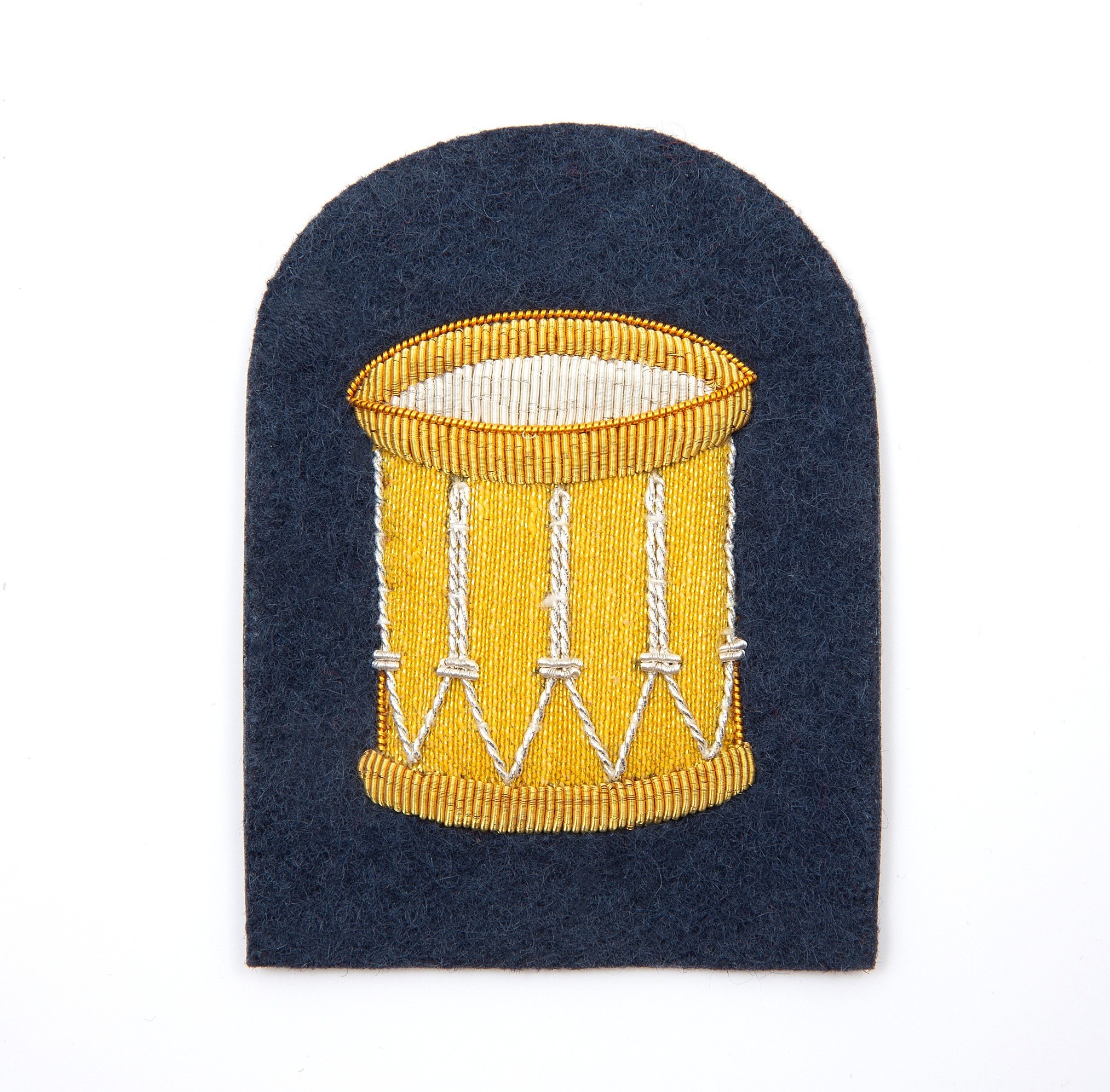 Large Hand Embroidered Gold on Blue Drum Badge