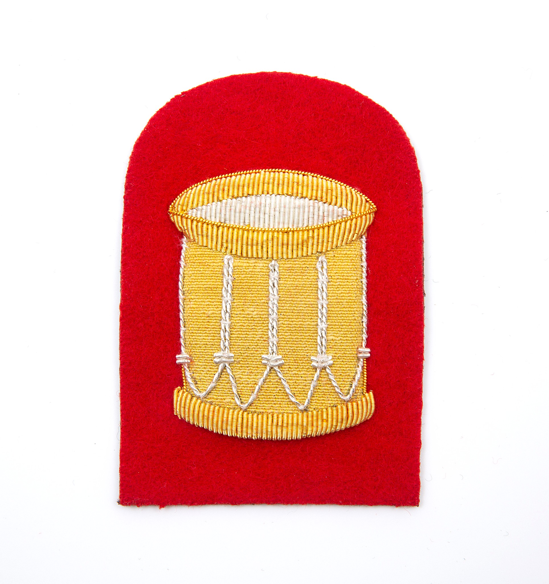 Large Hand Embroidered Gold on Red Drum Badge